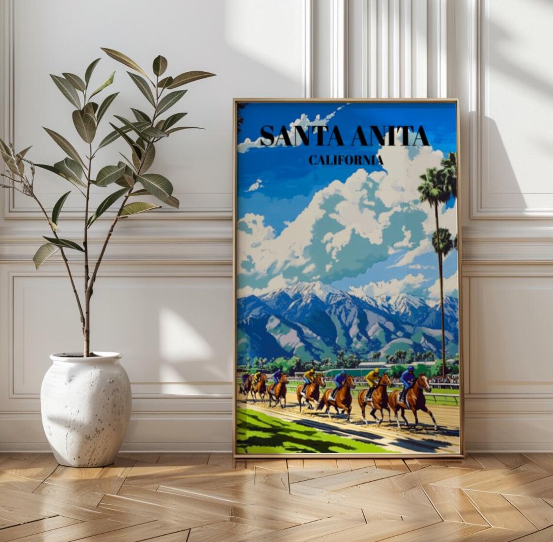 Santa Anita California Racetrack Horses Vintage Travel Poster Blue