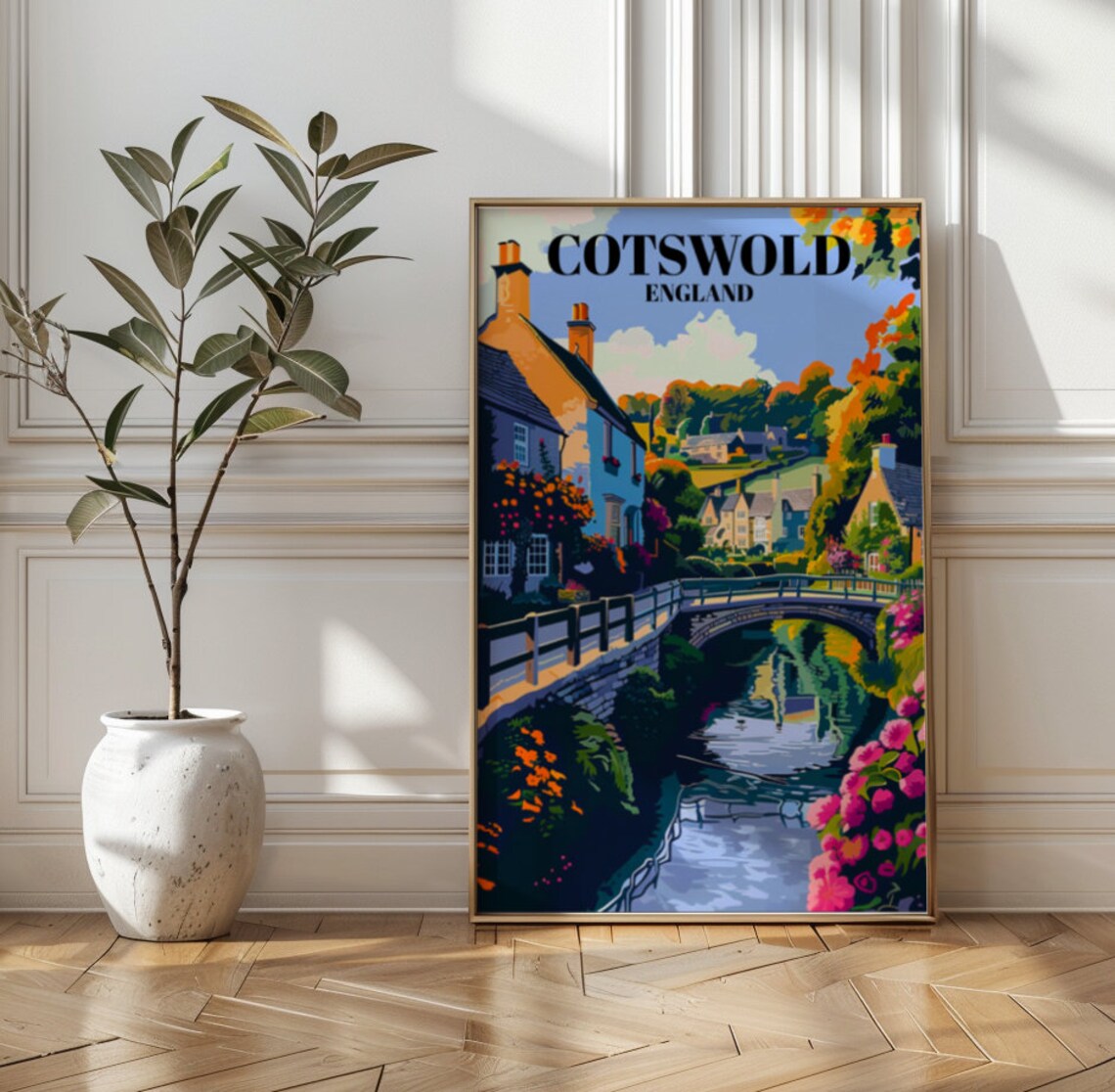 Cotswold England Bridge Village Autumn River Vintage Travel Poster Art