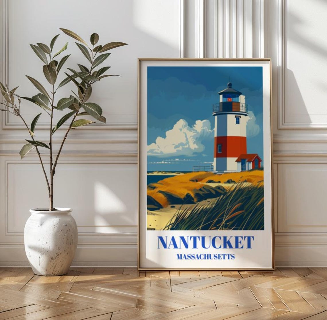 Nantucket Massachusetts Lighthouse Vintage Coastal Travel Poster