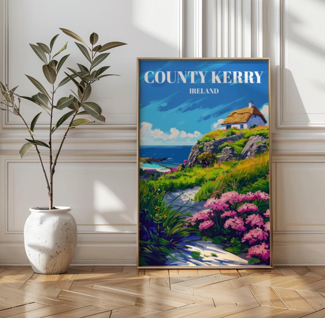 County Kerry Ireland Coastal Cottage Cliffs Vintage Travel Poster Art