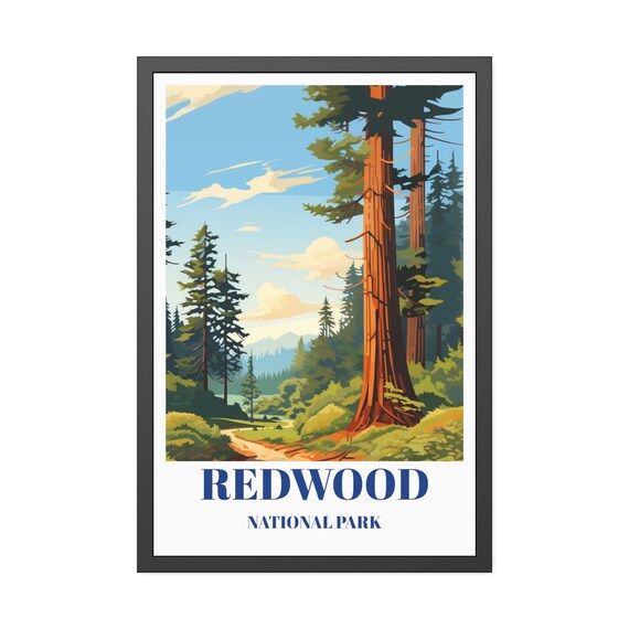 Redwood National Park Travel Poster with Towering Giant Forest Trees