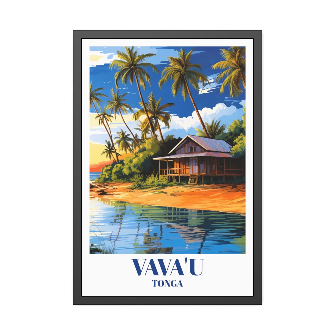 Vava'u Tonga Beach Hut Palm Trees Sunset Island Travel Poster