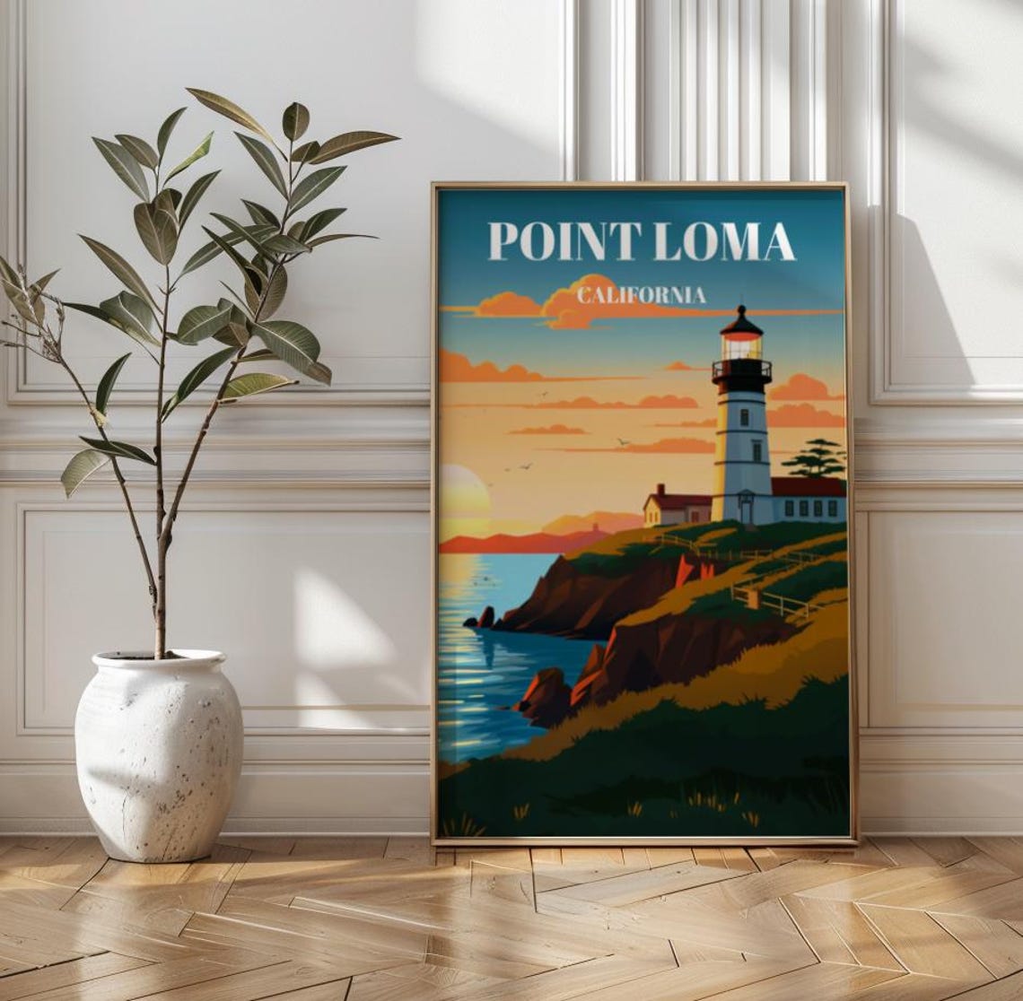 Point Loma California Lighthouse Sunset Retro Coastal Travel Poster