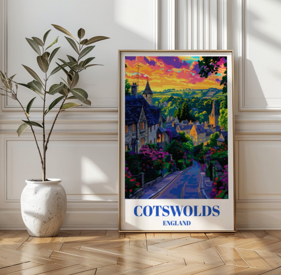 Cotswolds England Village Sunset Street Retro Vintage Travel Poster