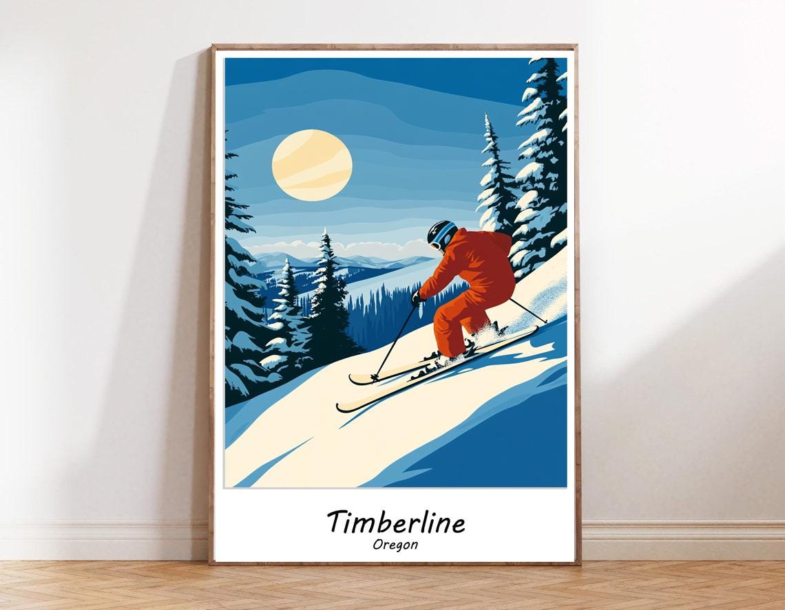 Timberline Oregon Skier Downhill Snowy Pines Ski Travel Poster
