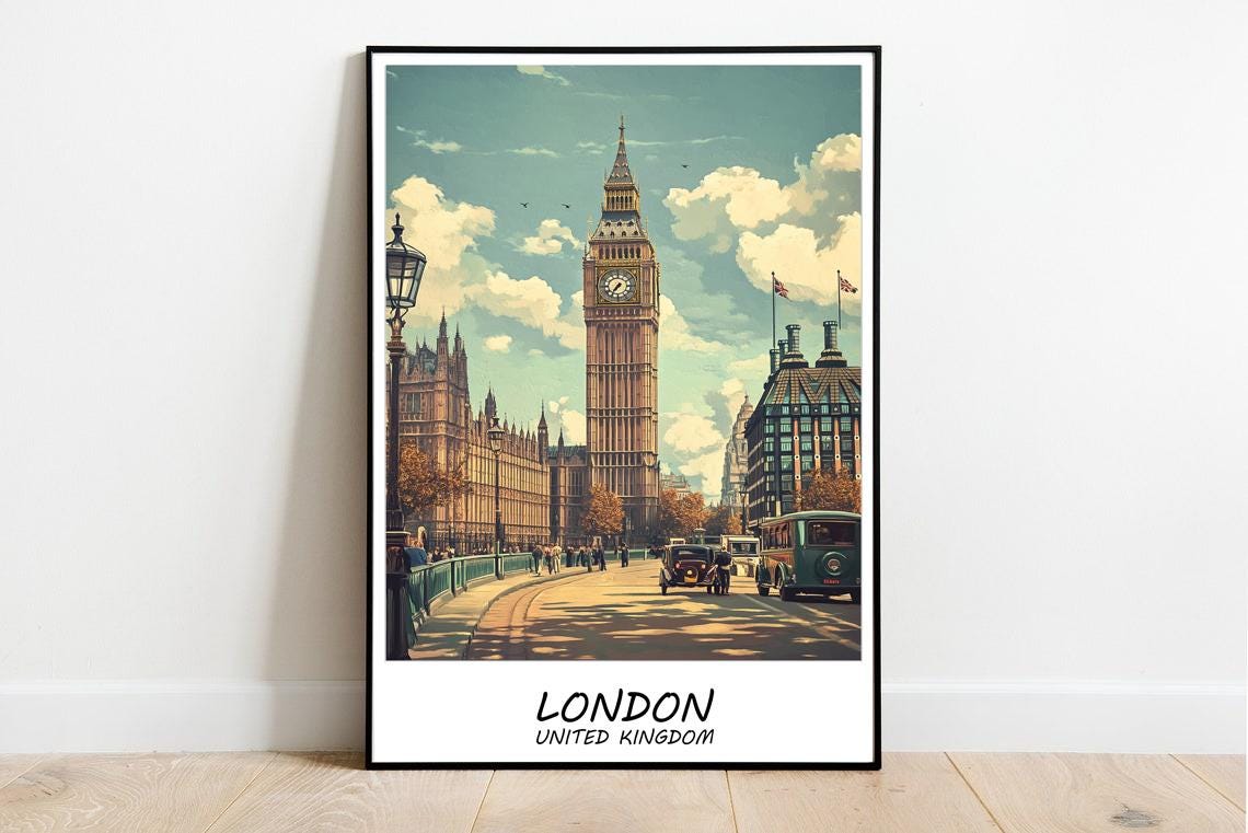 London Travel Print London England Travel Poster Traditional London Travel Print England London Retro Style Travel Colorful Poster - Image 2