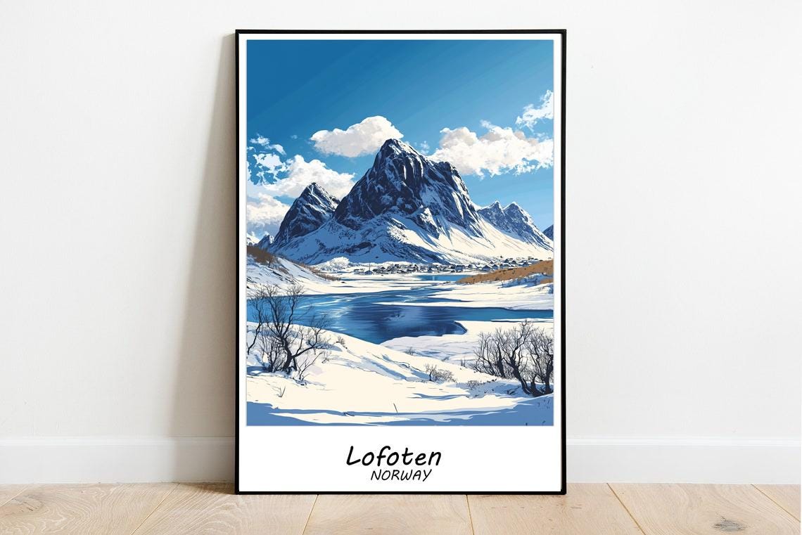 Lofoten Norway Snowy Arctic Peaks Winter Landscape Travel Poster