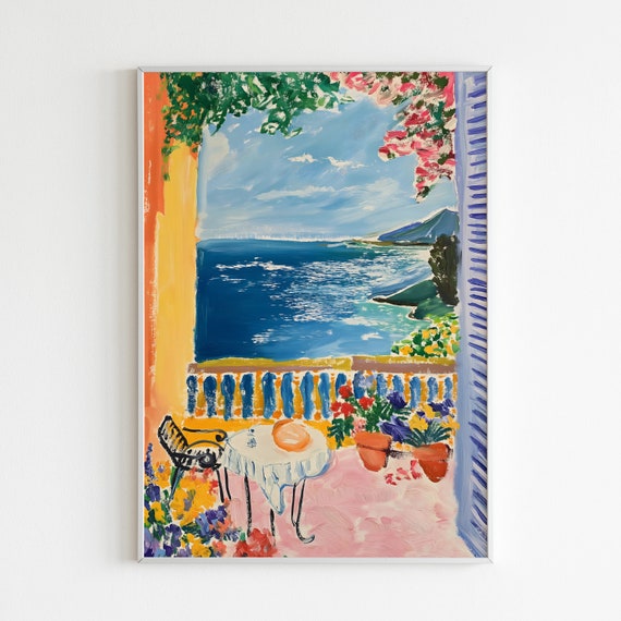 Matisse Open Window Mediterranean Art Print Realistic Coastal Poster Vibrant Floral Terrace Decor Physical Home Wall Art Seaside View