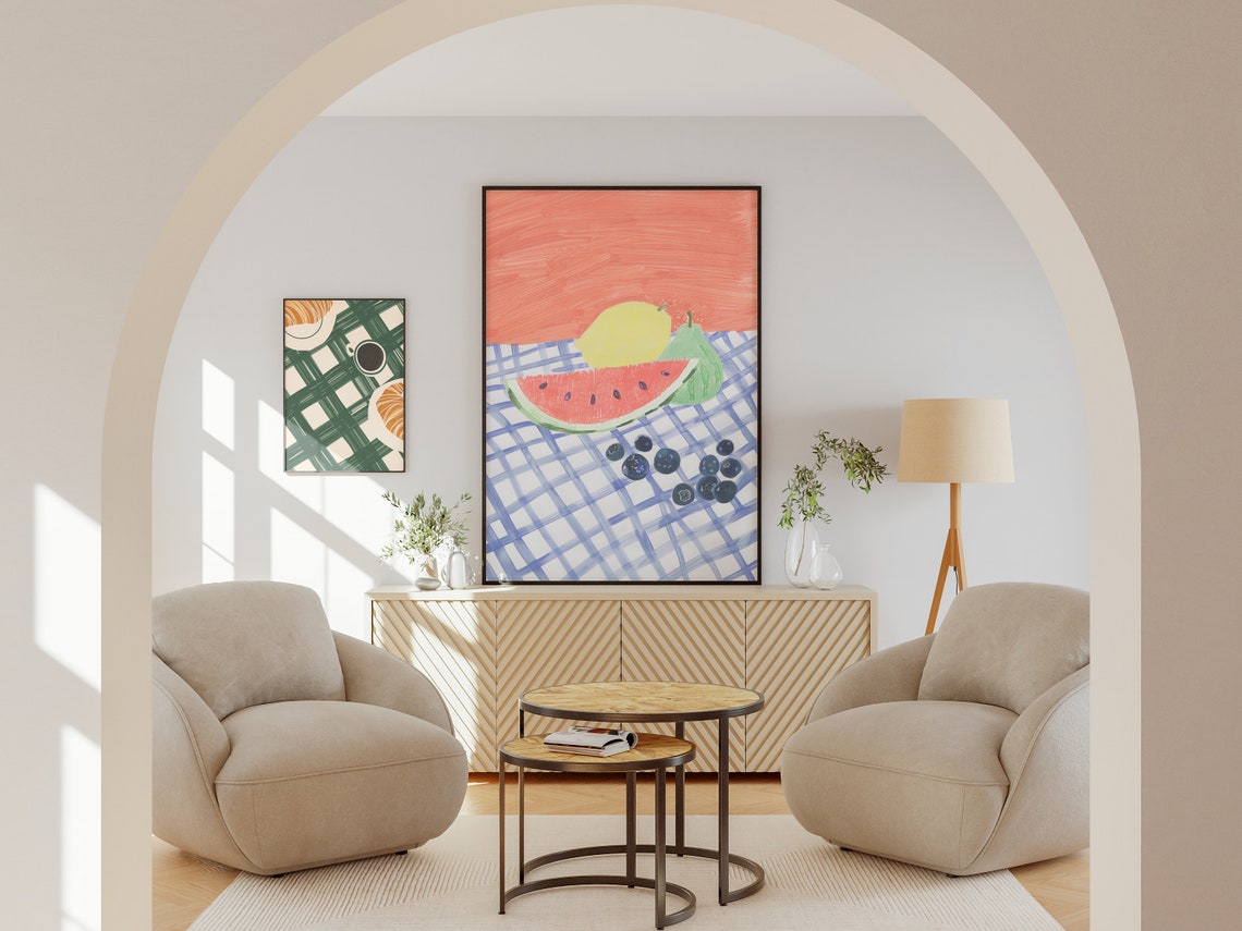 Watermelon Lemon Blueberry Still Life Checkered Cloth Art Poster - Image 2