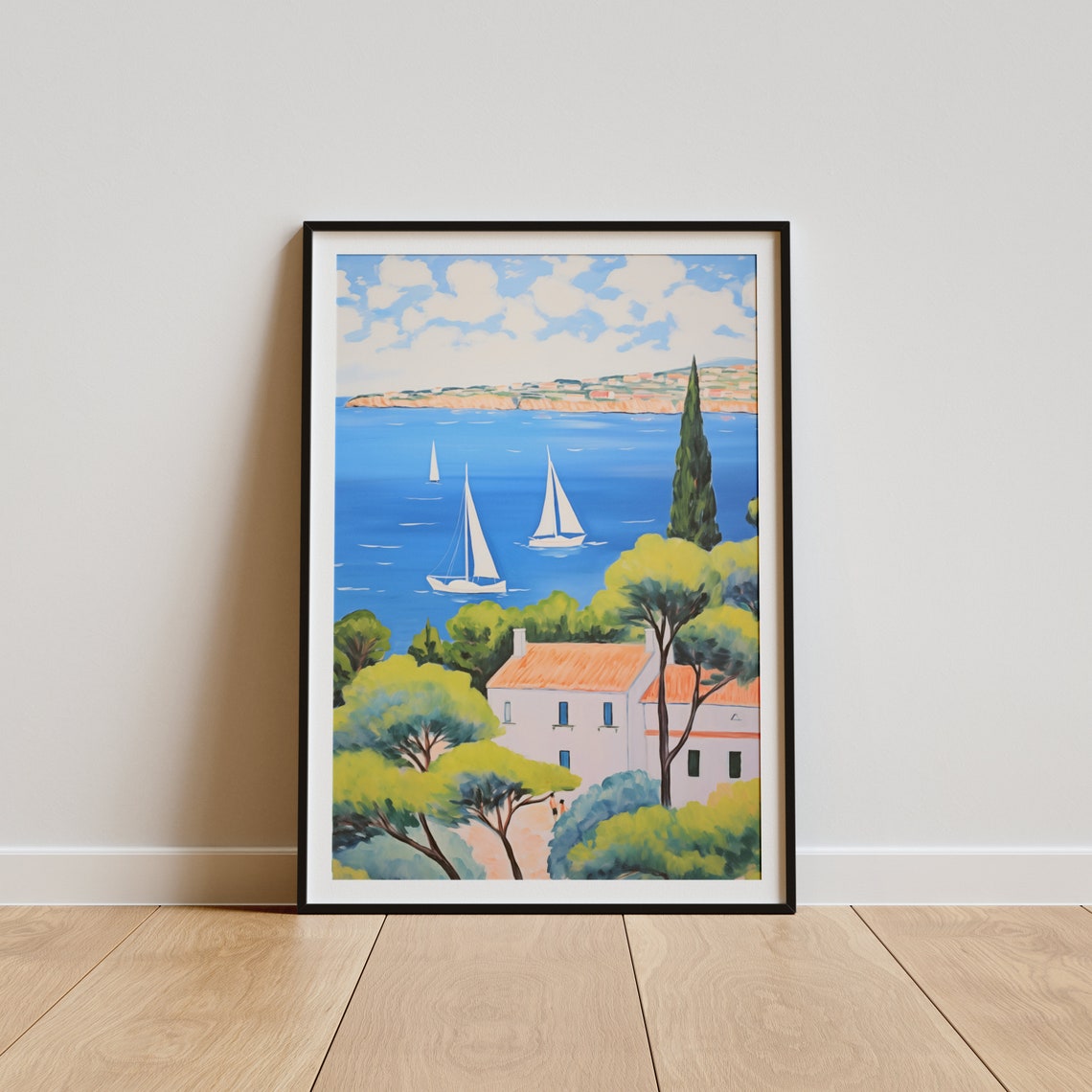 Sailboats Blue Bay Cypress Trees Villa Mediterranean View Poster - Image 5