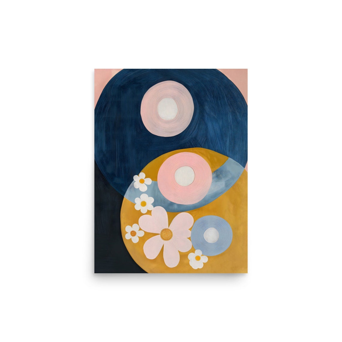 Hilma af Klint Style Navy Mustard Circles Pink Flowers Art Poster - Image 3