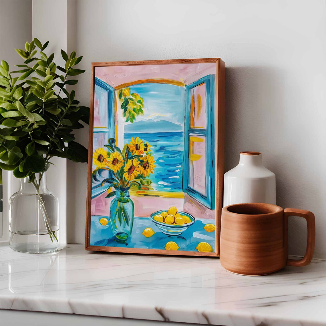 Henri Matisse Style Sunflowers Lemons Pink Blue Window Poster - Image 3