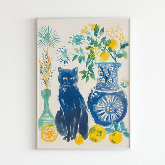Henri Matisse Cat And Vase Poster Blue Cat Art Print Colorful Home Decor Henri Matisse Inspired Modern Floral Artwork Animal Wall Art