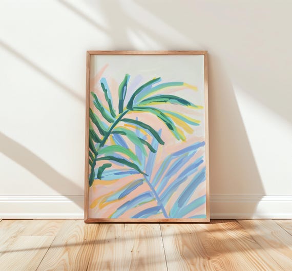 Pastel Palm Fronds Dreamy Nursery Wall Art Baby Blue Watercolor Tranquil Coastal Decor Tropical Leaves Painting 278