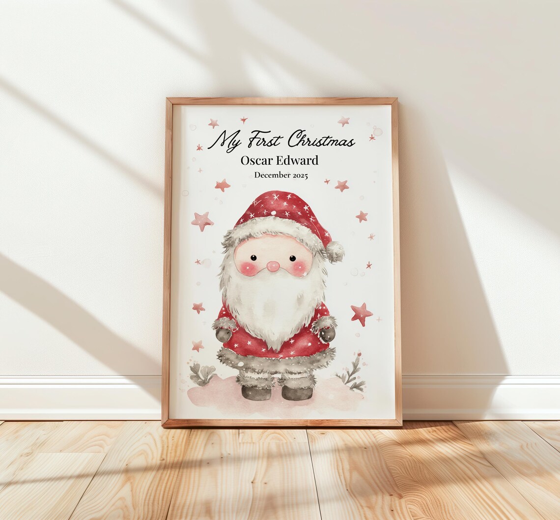My First Christmas Santa Gnome Watercolor Holiday Nursery Poster