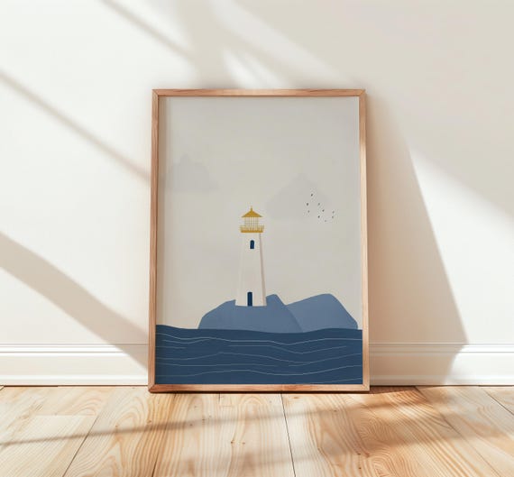 Coastal Lighthouse Art Print Minimalist Nautical Decor Wall Modern Seaside Scene Calm Ocean View Home Poster 70