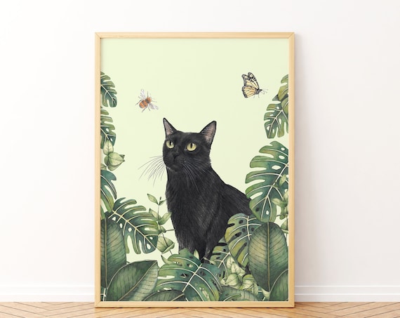 Black Cat Jungle Illustration Art Print, Tropical Decor