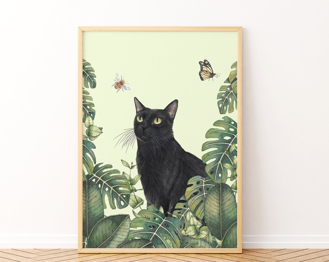 Black Cat Jungle Illustration Art Print, Tropical Decor
