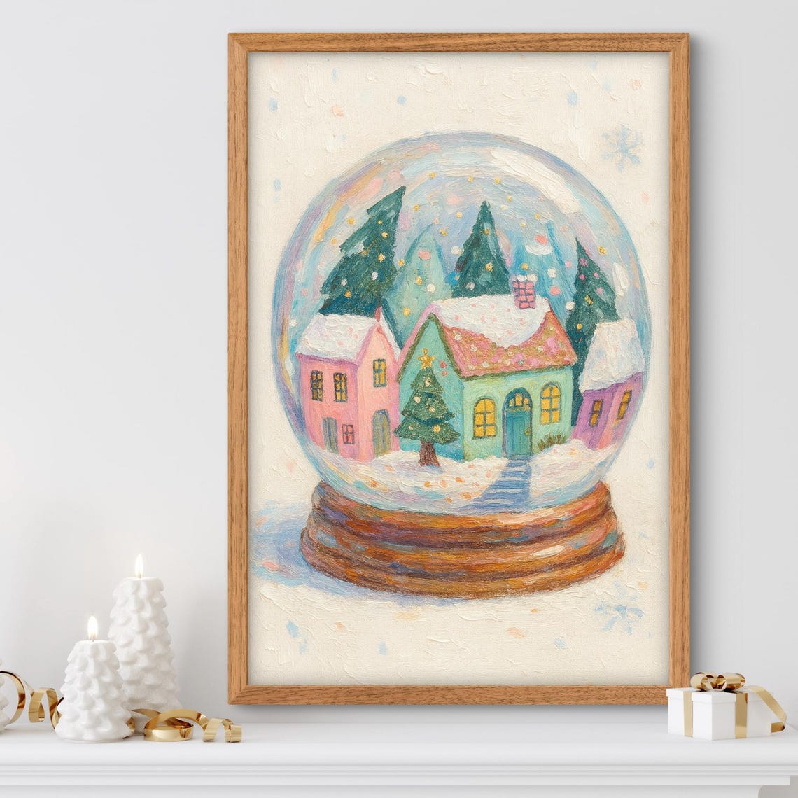 Pastel Snow Globe Village Poster Winter Cottage Christmas Scene Art