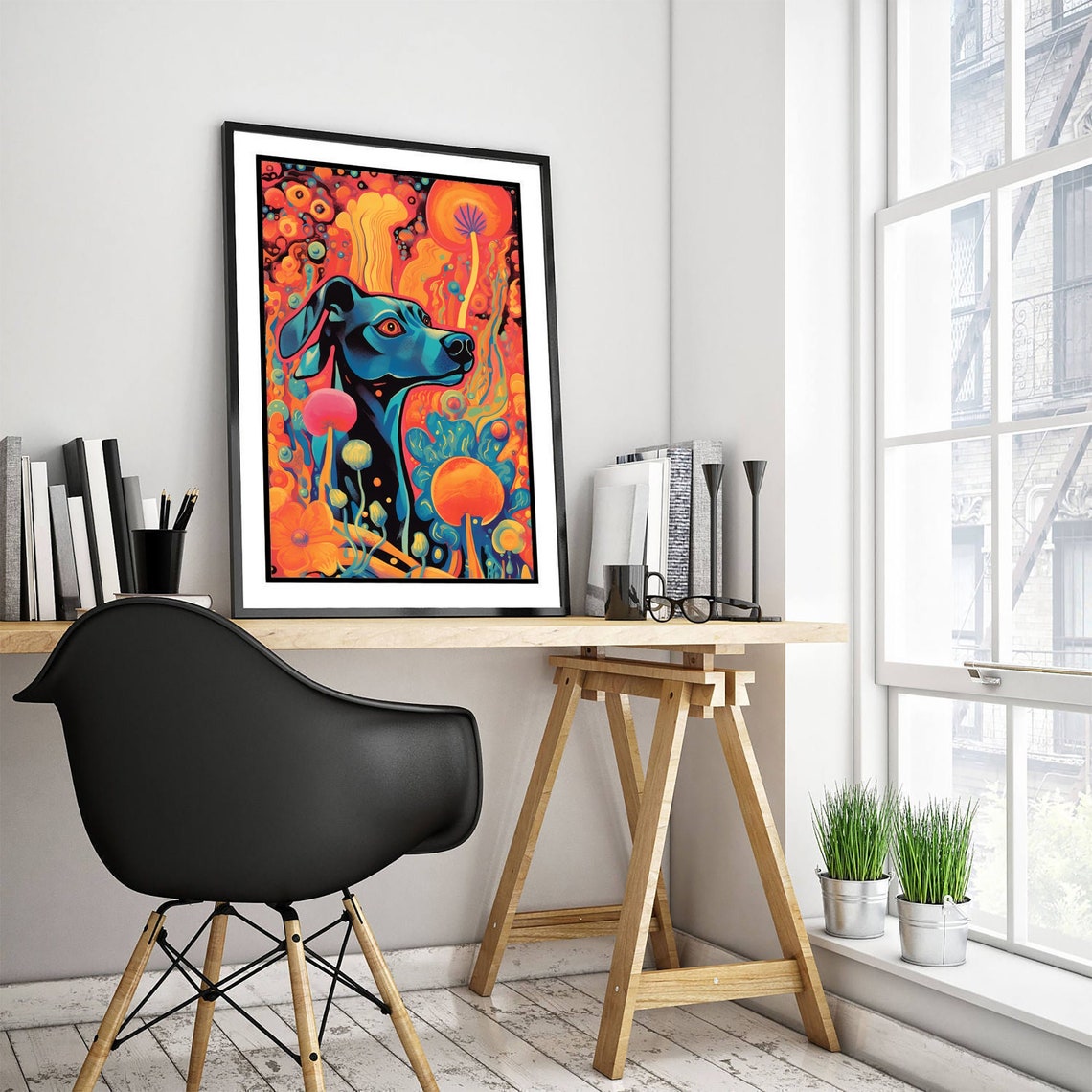 Psychedelic Trippy Blue Dog Among Orange Blooms Fantasy Poster - Image 3