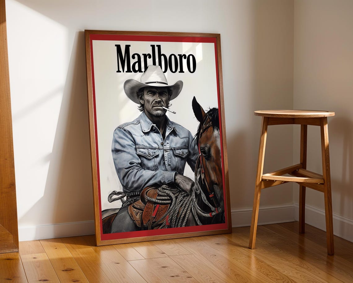 Marlboro Cowboy on Horseback Denim Classic Vintage Western Poster