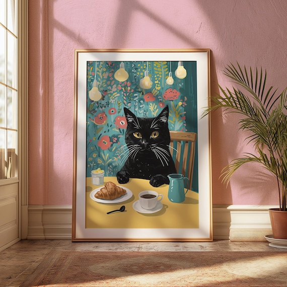 Cat Breakfast Poster Kitchen Wall Art Funny Animal Print Funky Bar Coffee And Croissant Decor