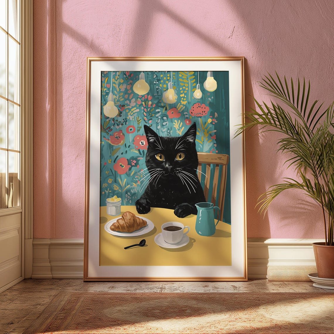 Cat Breakfast Poster Kitchen Wall Art Funny Animal Print Funky Bar Coffee And Croissant Decor