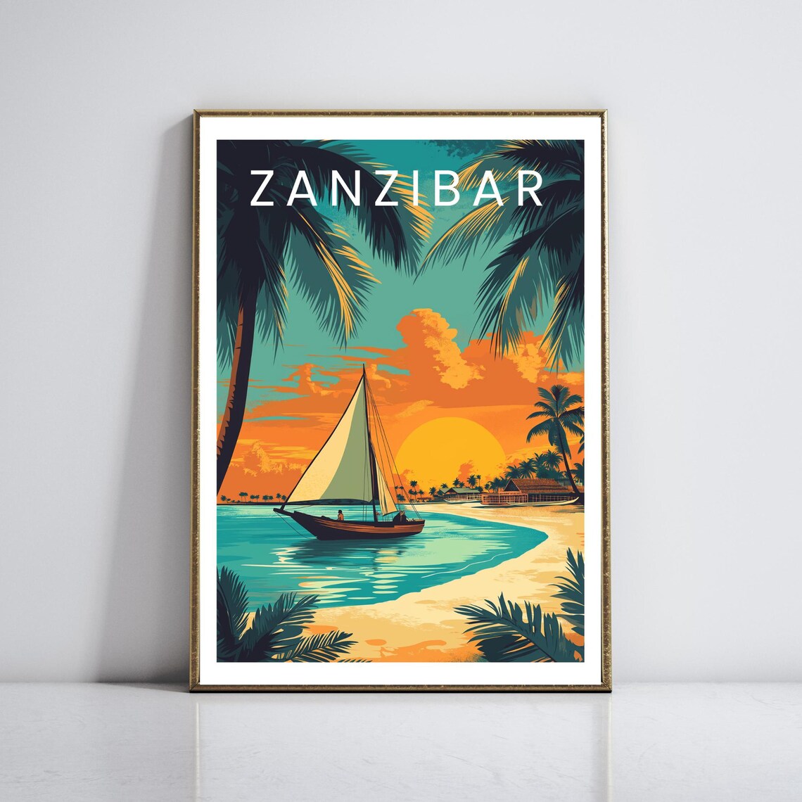 Zanzibar Dhow Sailboat Sunset Beach Palms Africa Travel Poster