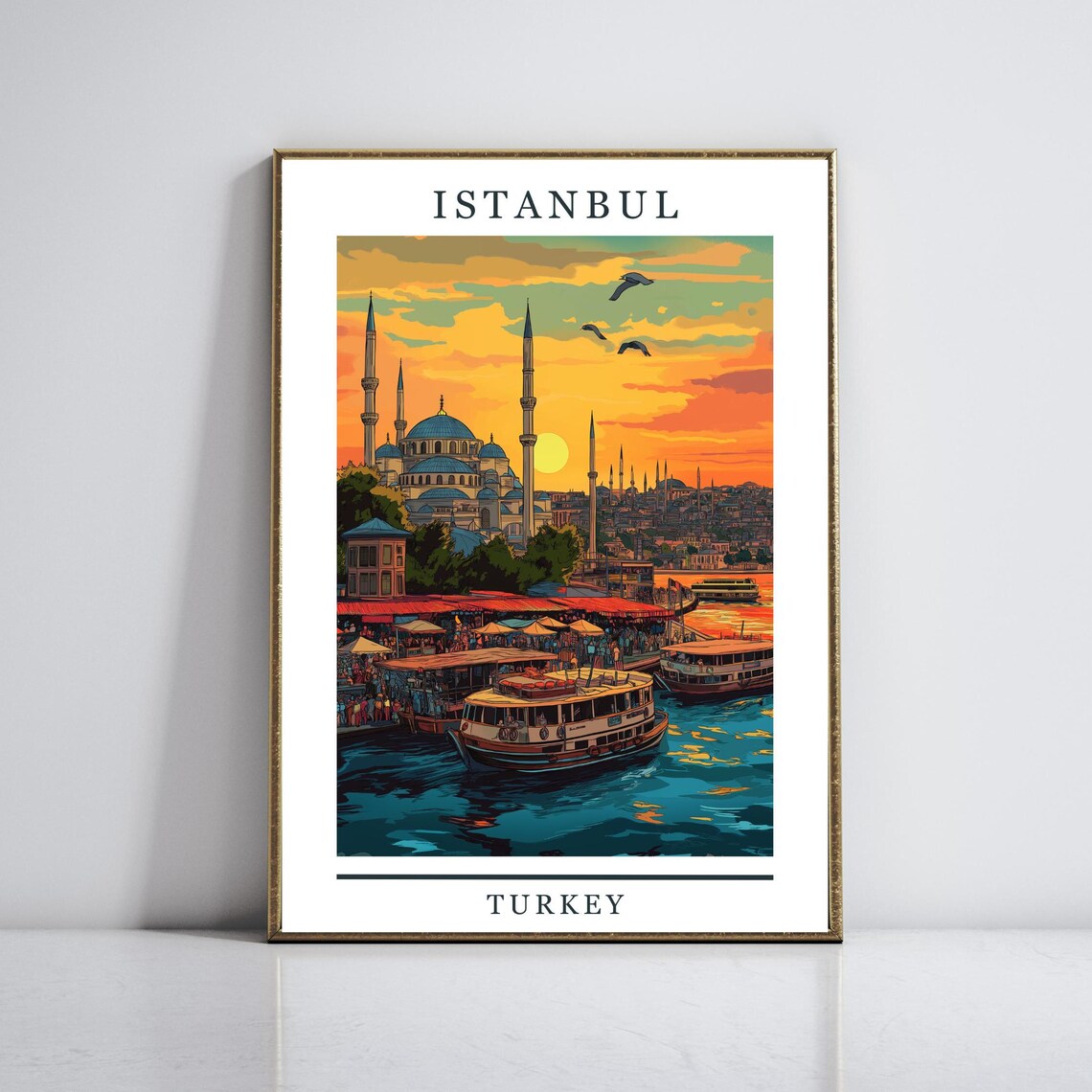 Istanbul Turkey Blue Mosque Ferry Bosphorus Sunset Travel Poster