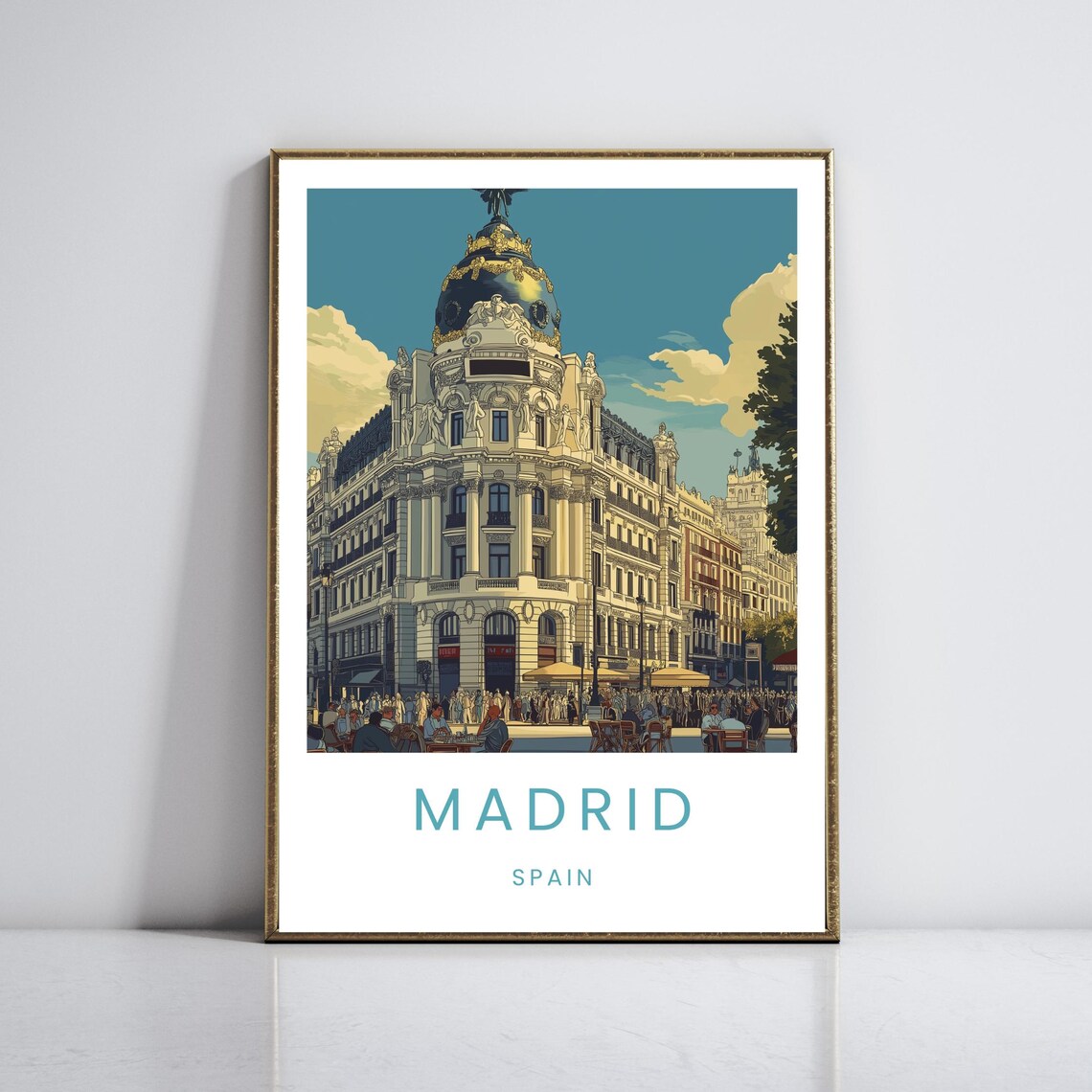 Madrid Metropolis Building Crowded Plaza Spain Travel Poster