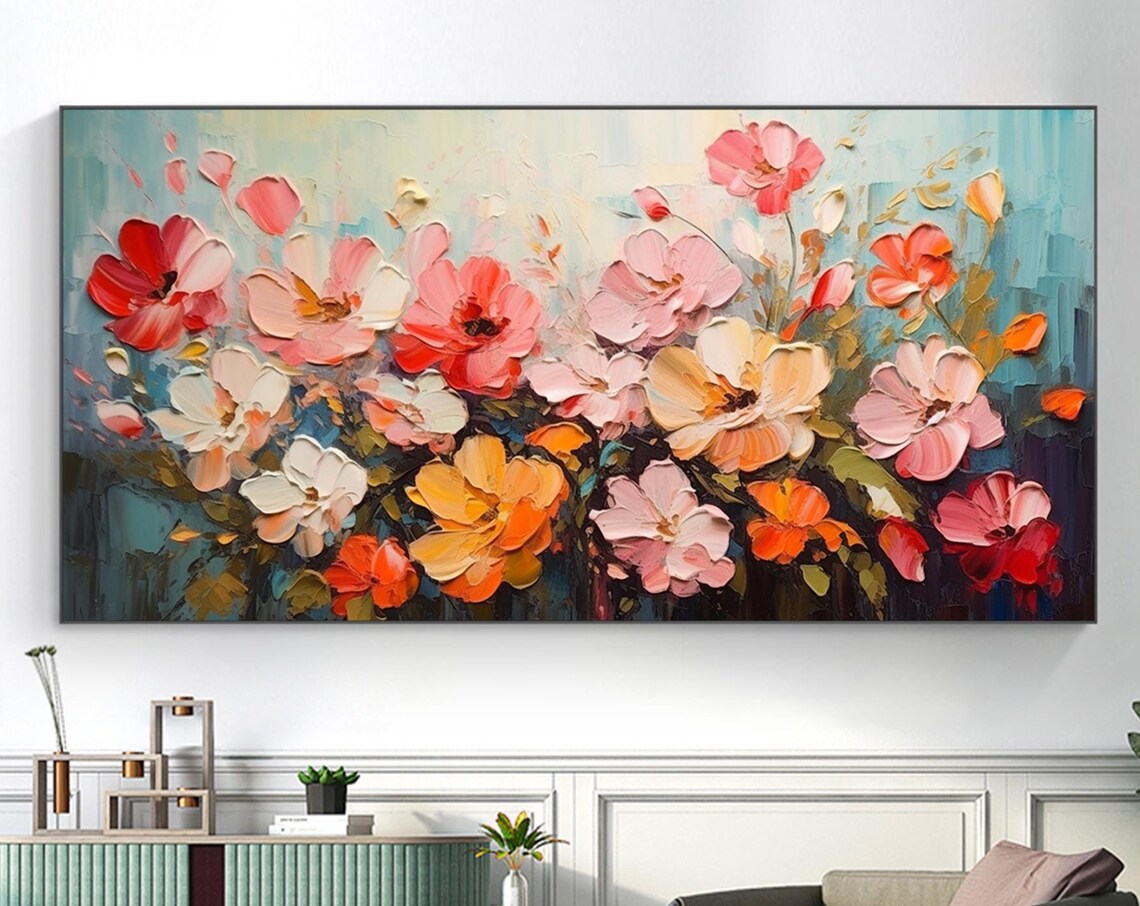 Pink Orange Blossom Garden Wide Impasto Floral Painting Poster