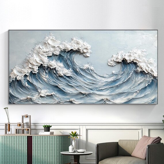 Crashing Ocean Waves Blue Impasto Textured Seascape Panoramic Poster