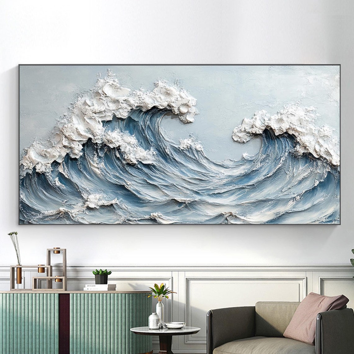 Crashing Ocean Waves Blue Impasto Textured Seascape Panoramic Poster