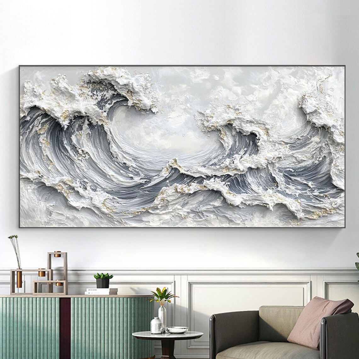 Gray Ocean Waves Gold Accents Textured Impasto Coastal Panorama Poster