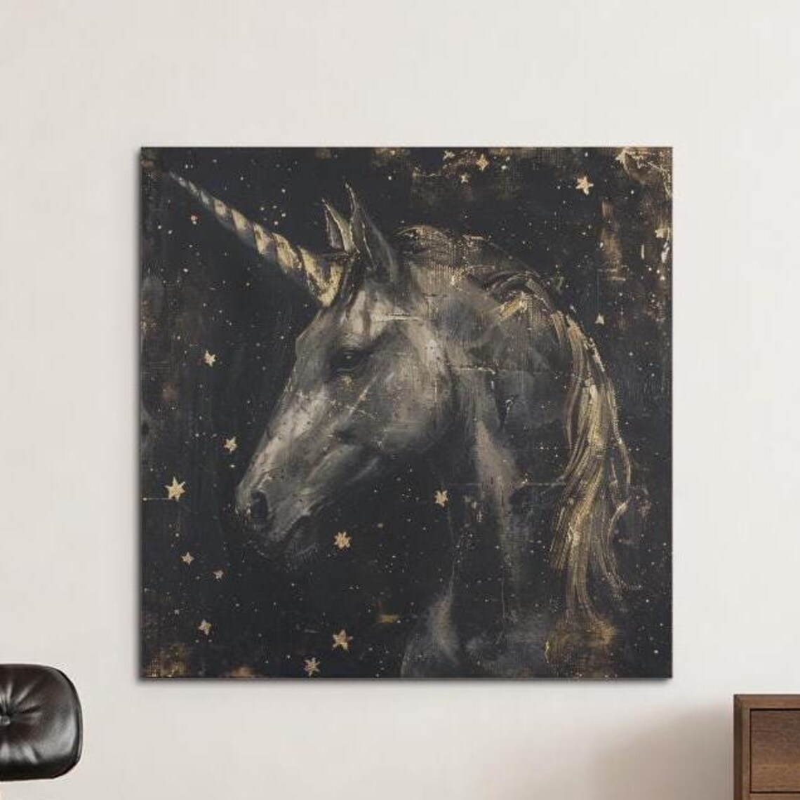 Serene Gray Unicorn Head Under A Starry Night Sky Painting Poster