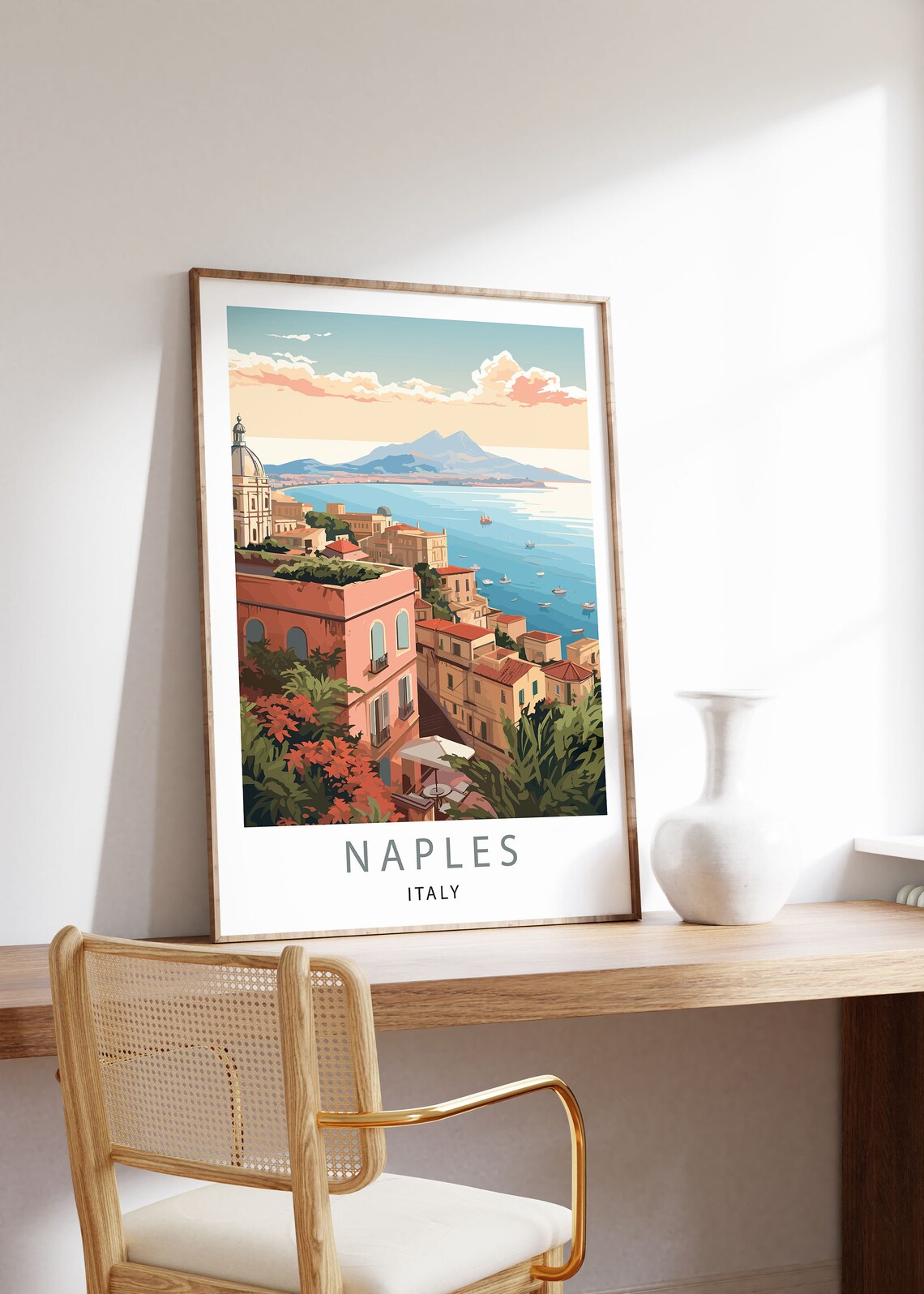 Naples Italy Bay Vesuvius View Hillside Town Scene Travel Poster - Image 3