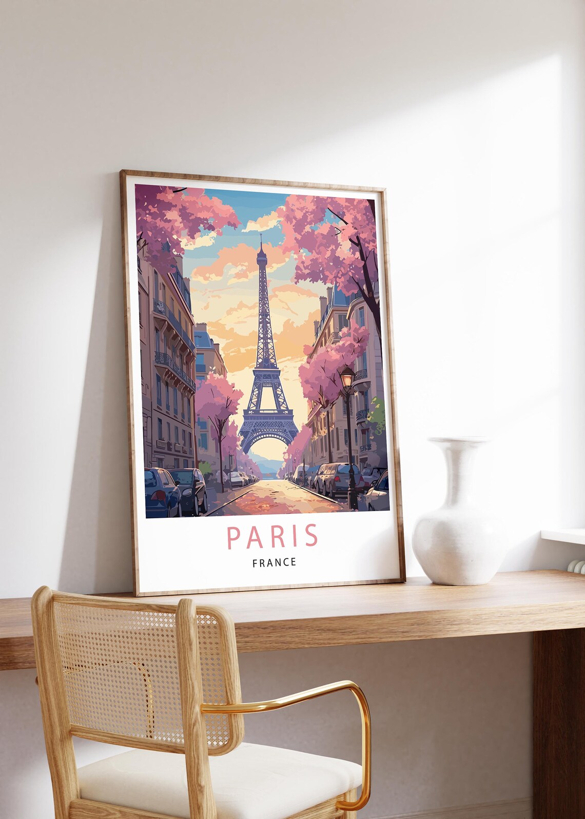 Paris Eiffel Tower Cherry Blossom Street France Travel Poster - Image 2