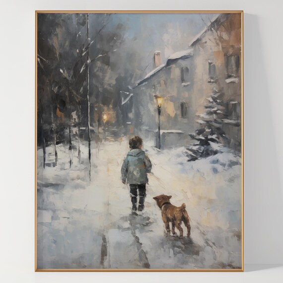 Child Walking with Dog on a Snowy Village Street Painting Poster