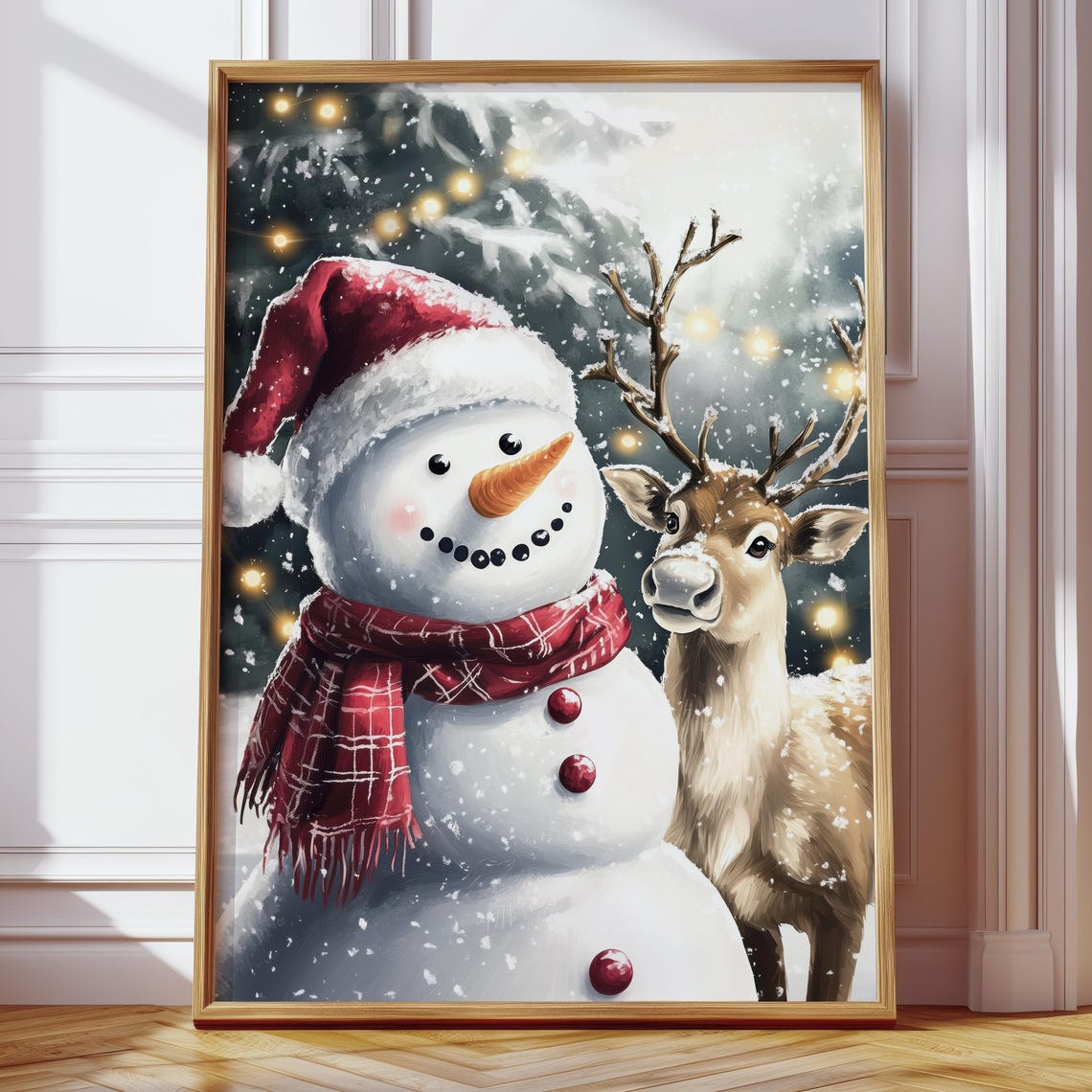 Smiling Snowman with Plaid Scarf and Reindeer Christmas Poster - Image 4