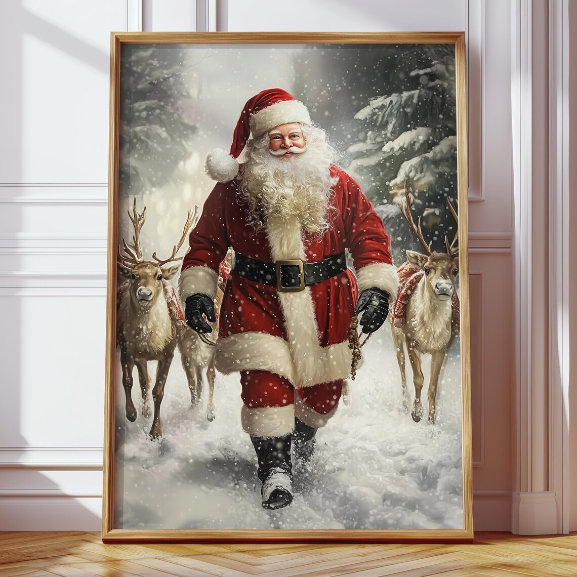 Santa Claus Walking with Reindeer in Snow Christmas Art Poster - Image 4