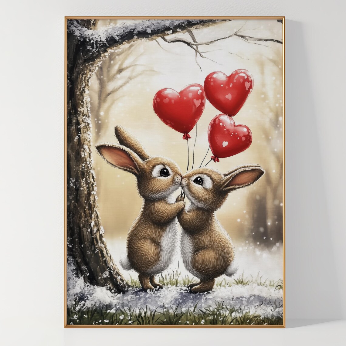Two Bunnies Kissing with Red Heart Balloons Winter Love Poster