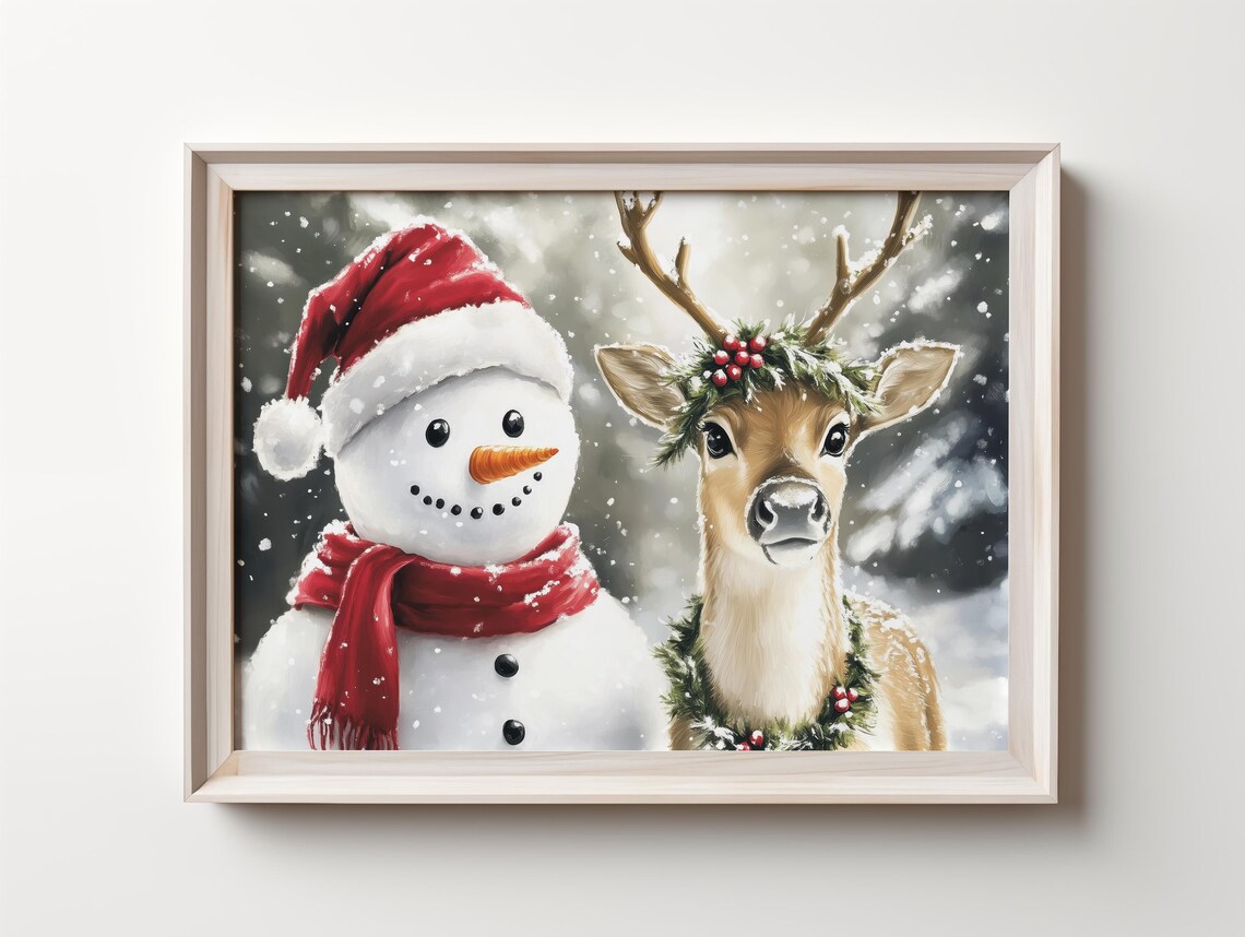 Snowman and Reindeer in Falling Snow Christmas Art Painting Poster