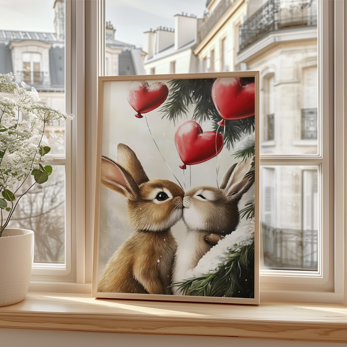 Kissing Bunny Couple With Red Heart Balloons Winter Art Poster - Image 3
