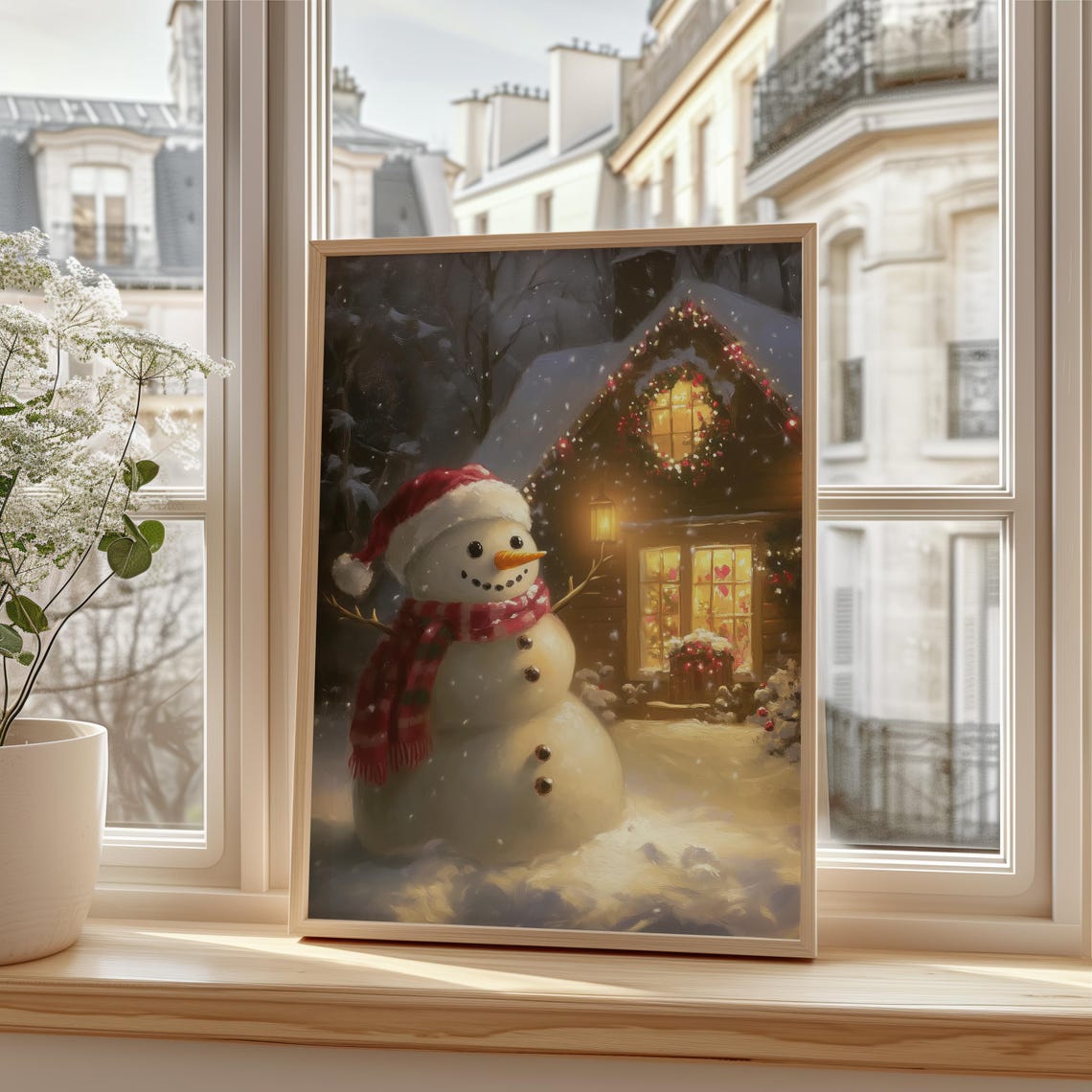 Snowman by Glowing Christmas Cabin at Night Holiday Art Poster - Image 3
