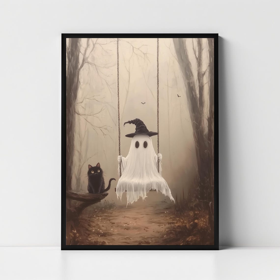 Cute Ghost And The Black Cat Print Vintage Spooky Forest Halloween Wall Art Ghost On The Swing Art Gothic Fall Painting