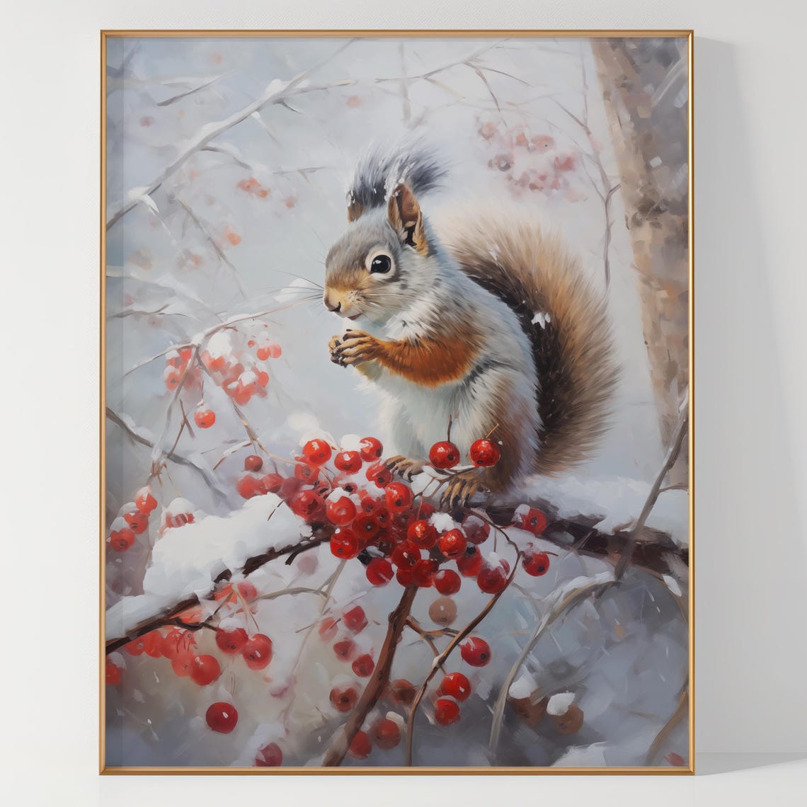 Red Squirrel on a Snowy Branch with Red Berries Painting Poster