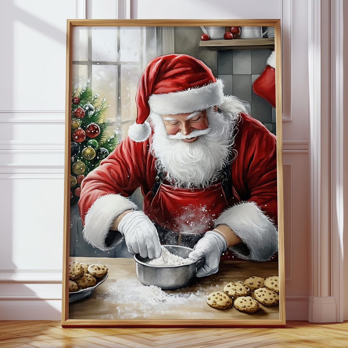 Santa Claus Baking Christmas Cookies in a Cozy Kitchen Poster - Image 4