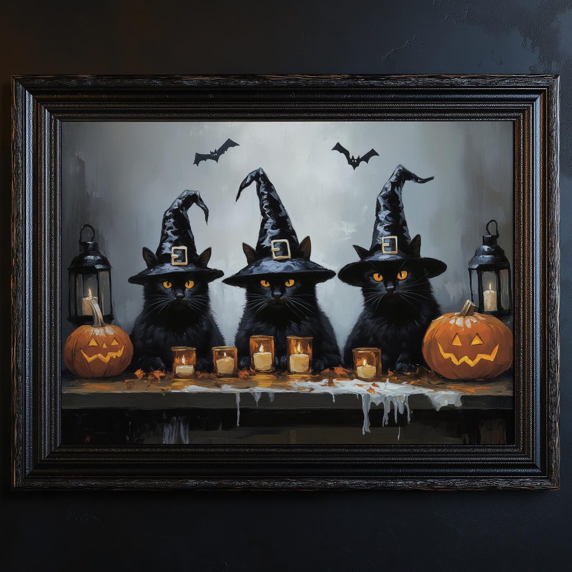 Three Black Cats in Witch Hats with Pumpkins Vintage Halloween Poster