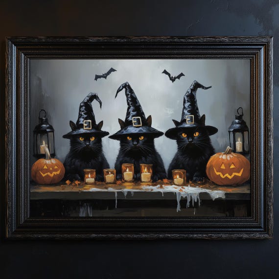 Halloween Black Cats Painting Vintage Halloween Black Cat Wall Art Cute Spooky Autumn Home Decor Print Cat Halloween Decor