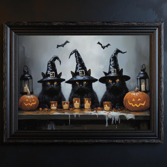Three Black Cats in Witch Hats with Pumpkins Vintage Halloween Poster